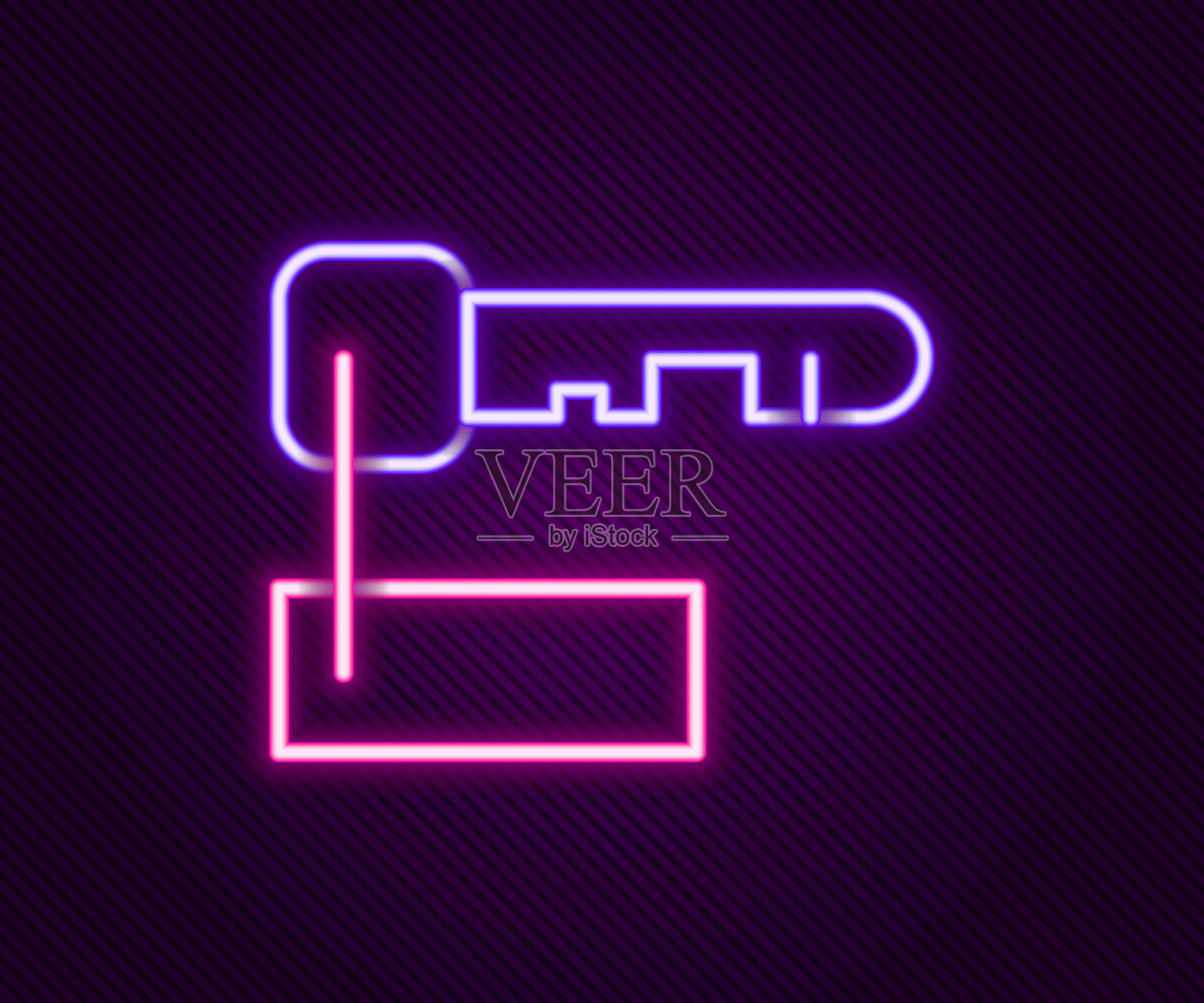 发光的霓虹线标记的关键图标孤立的黑色背景。色彩缤纷的轮廓概念。向量插画图片素材