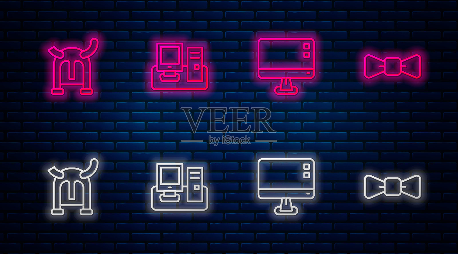 设置线显示器与键盘,电脑显示器屏幕,海盗在角头盔和领结。砖墙上发光的霓虹灯图标。向量图标素材