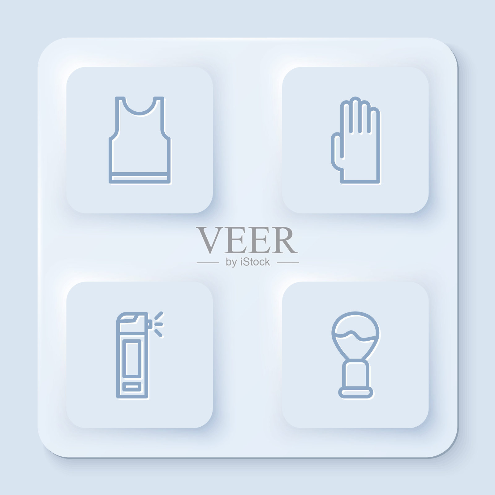 无袖t恤,橡胶手套,带喷嘴喷雾的瓶子和剃须刷。白色方形按钮。向量插画图片素材