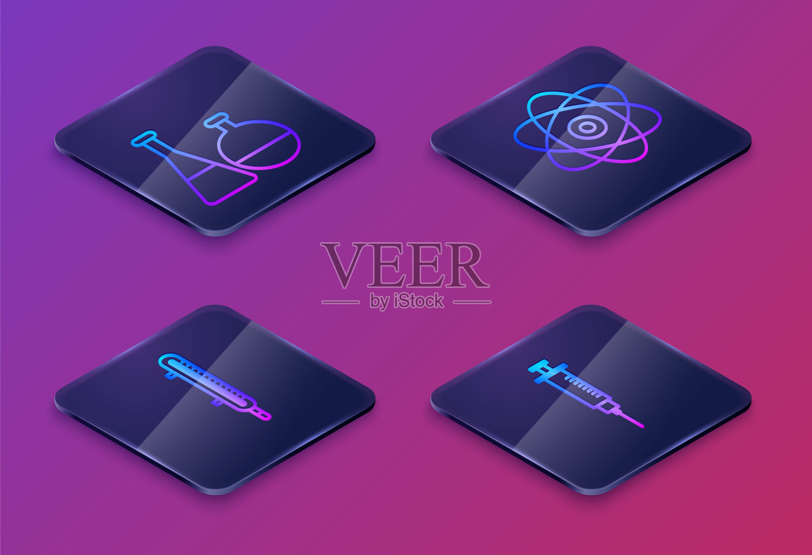 设置等距线试管和烧瓶化学实验室,气象学温度计测量,原子和注射器。蓝色方形按钮。向量插画图片素材