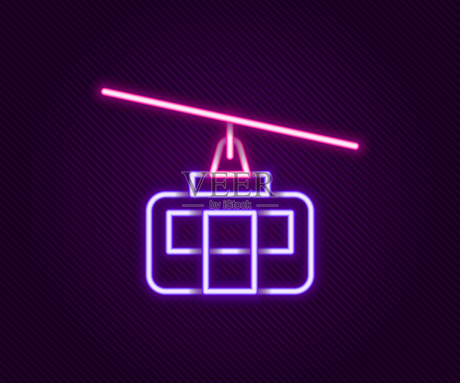 发光的霓虹灯线缆车图标孤立的黑色背景。缆索的迹象。色彩缤纷的轮廓概念。向量插画图片素材