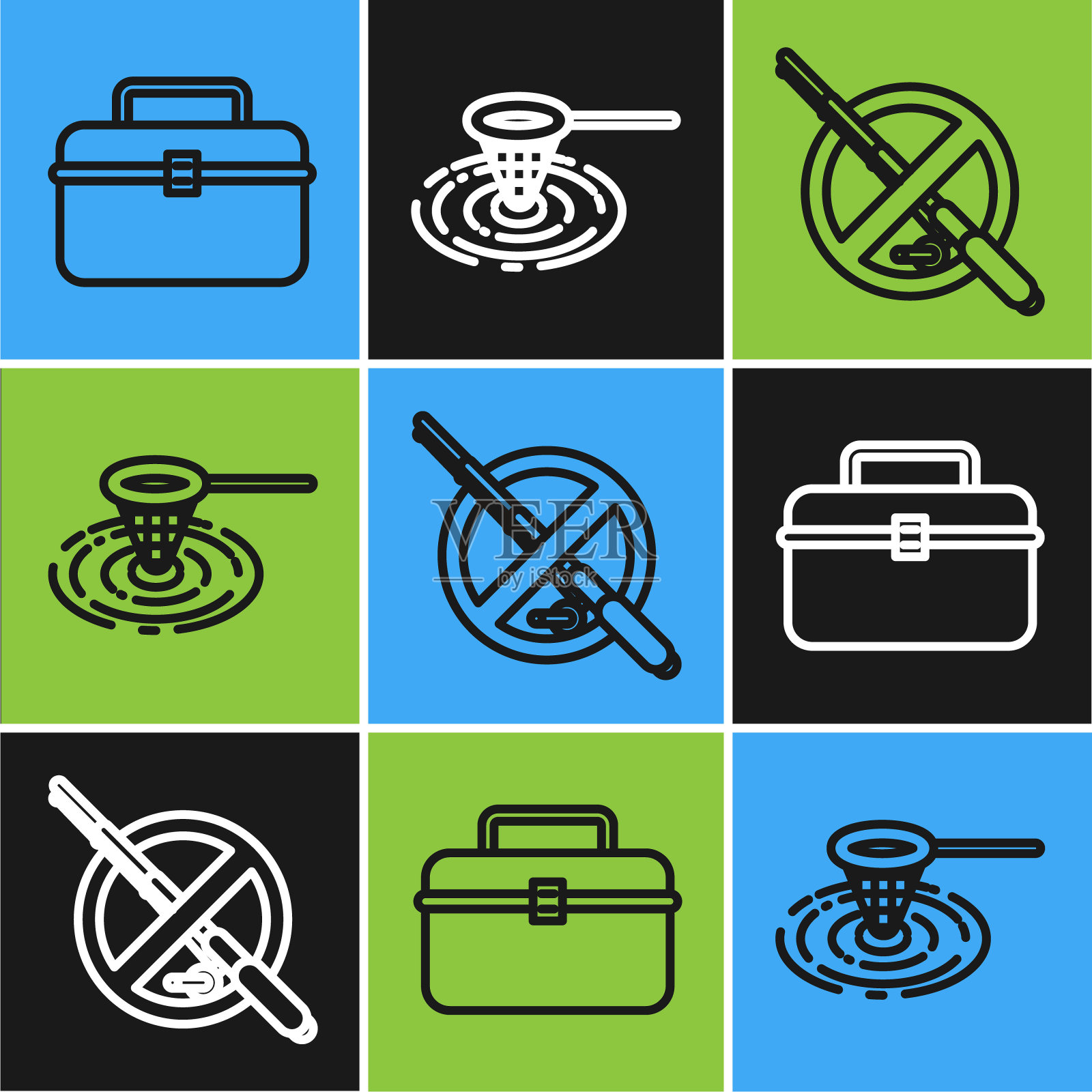 设置钓具和渔具箱或箱式容器,水中无渔具和渔网。向量插画图片素材