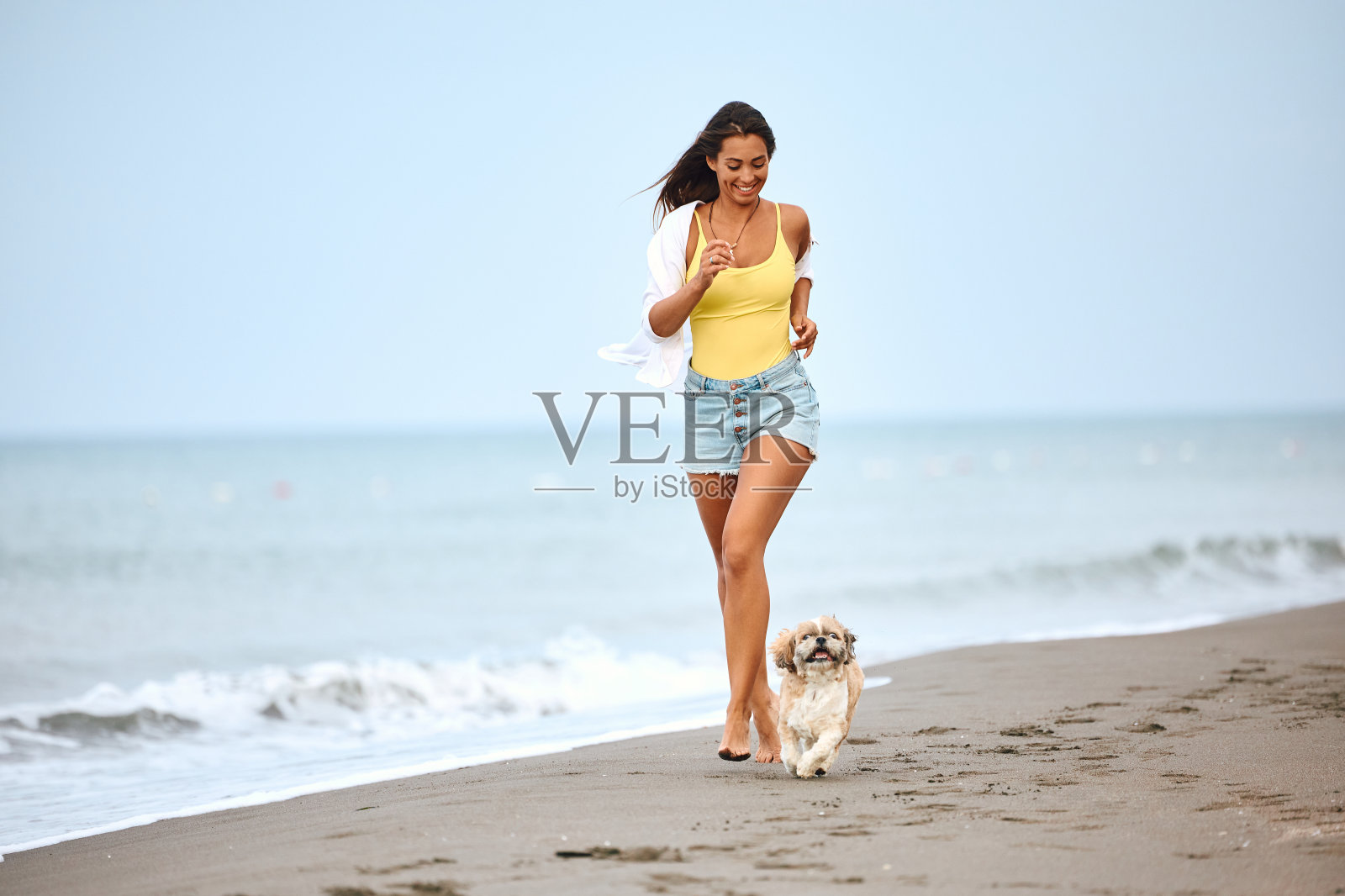 夏日里,年轻女子和她的狗在沙滩上奔跑,玩得很开心。照片摄影图片