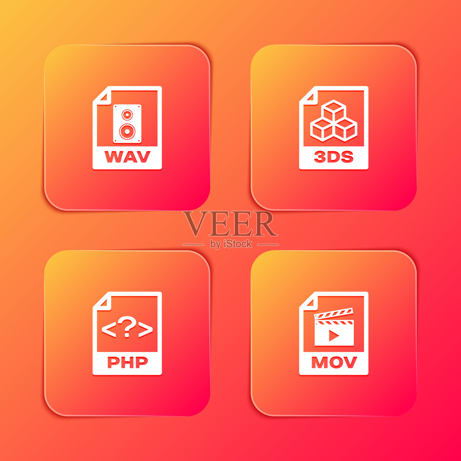 设置WAV文件文档,3DS, PHP和MOV图标。向量插画图片素材