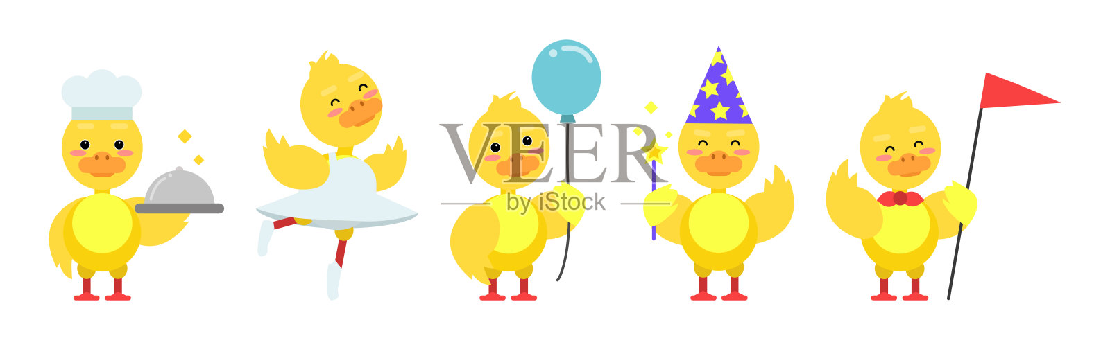 可爱的小鸭子与黄色羽毛从事不同的活动向量集插画图片素材