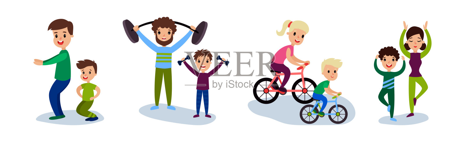 父母和孩子一起做运动矢量集插画图片素材