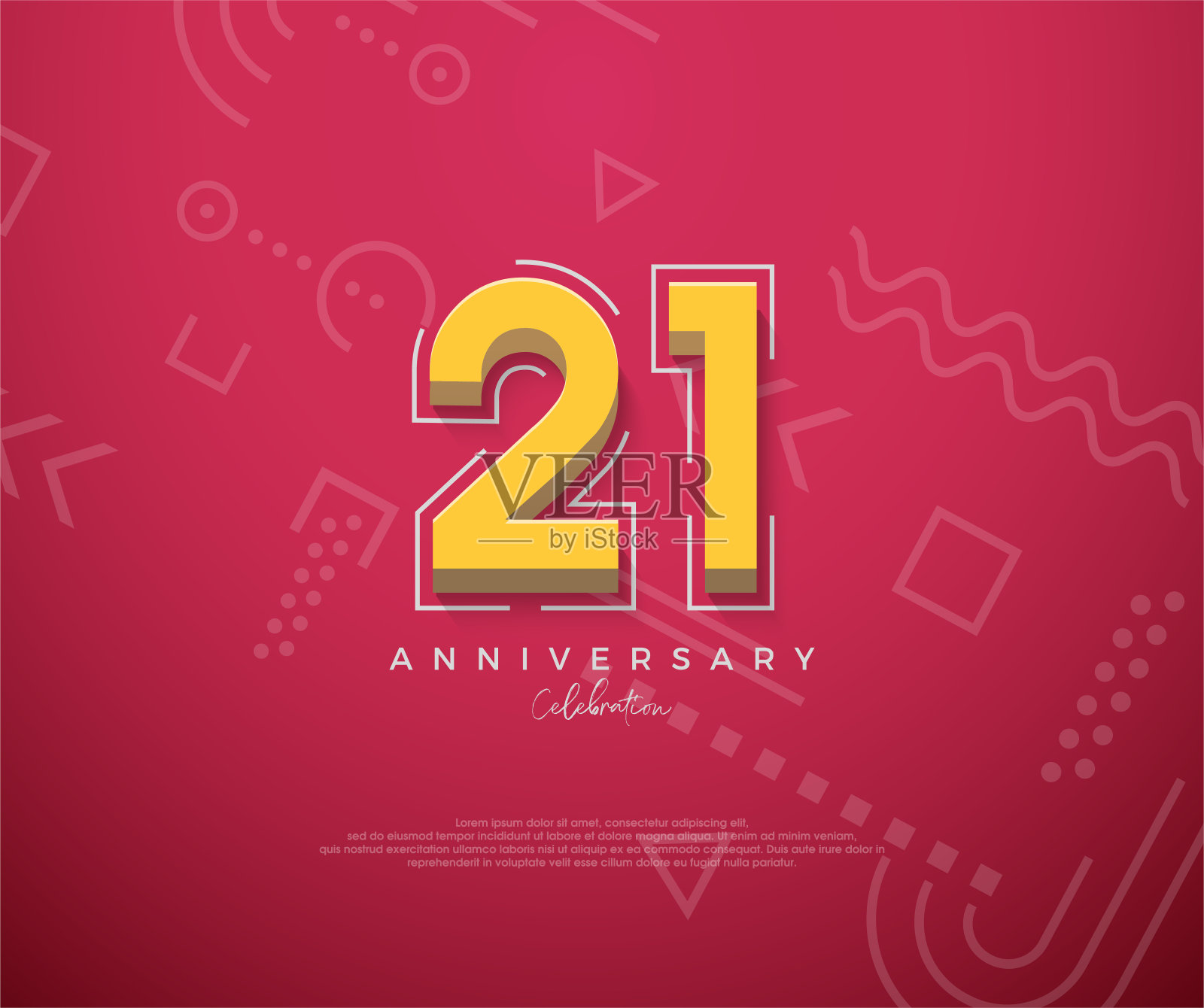 21周年纪念与一个干净的红色背景的卡通设计。插画图片素材
