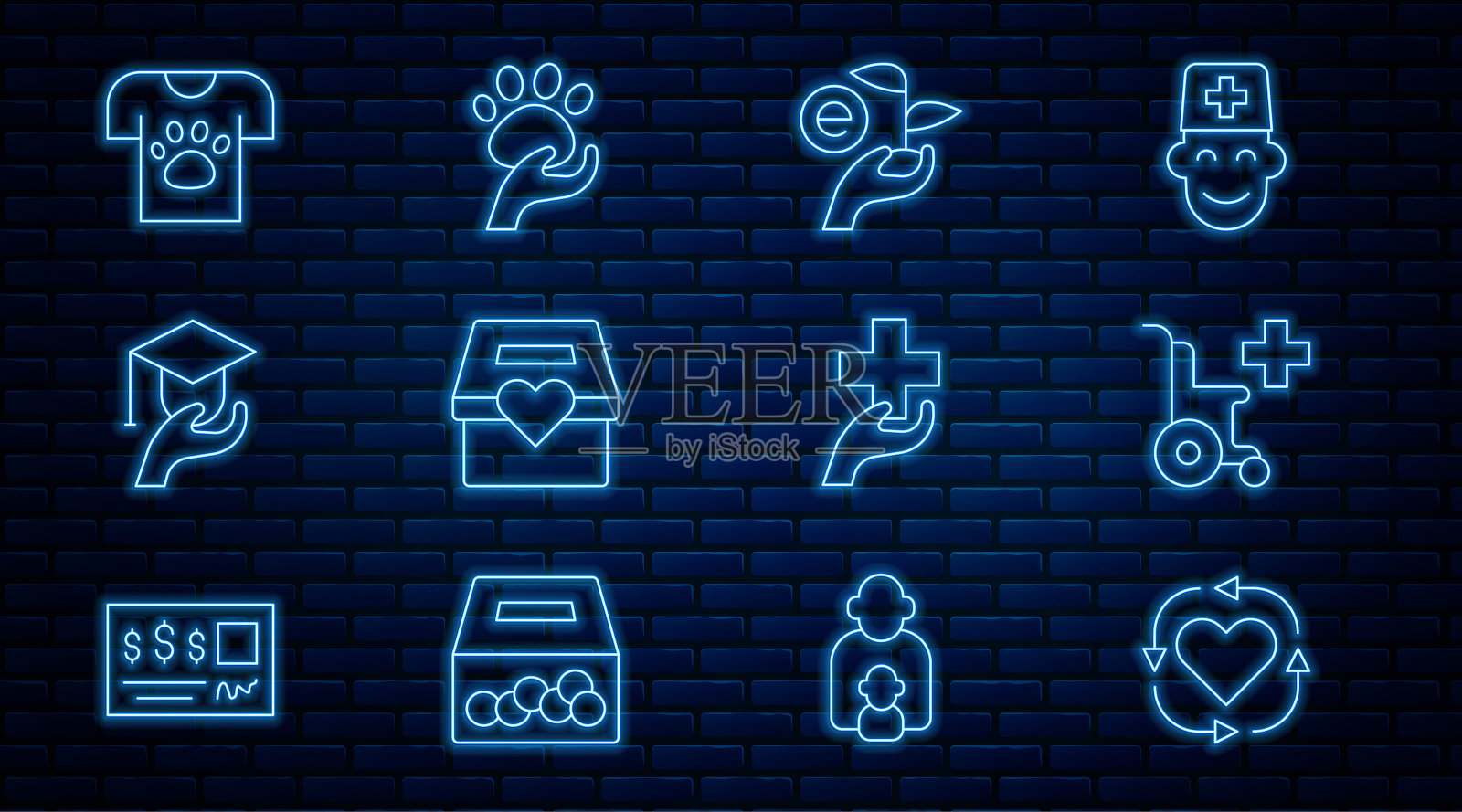 设线志愿者,残疾人轮椅,手拿树叶,慈善捐赠,教育补助金,动物志愿者,爱心与十字和图标。向量图标素材