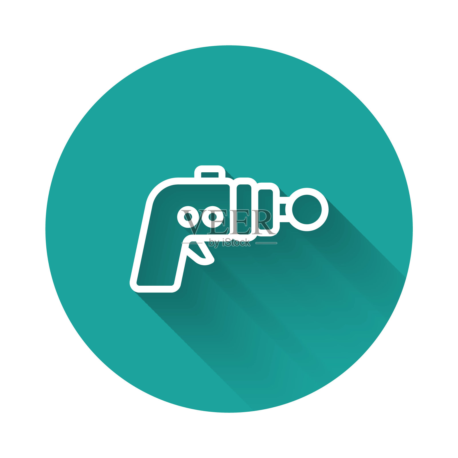 白线射线枪图标孤立与长阴影背景。激光武器。空间的导火线。绿色圆形按钮。向量插画图片素材