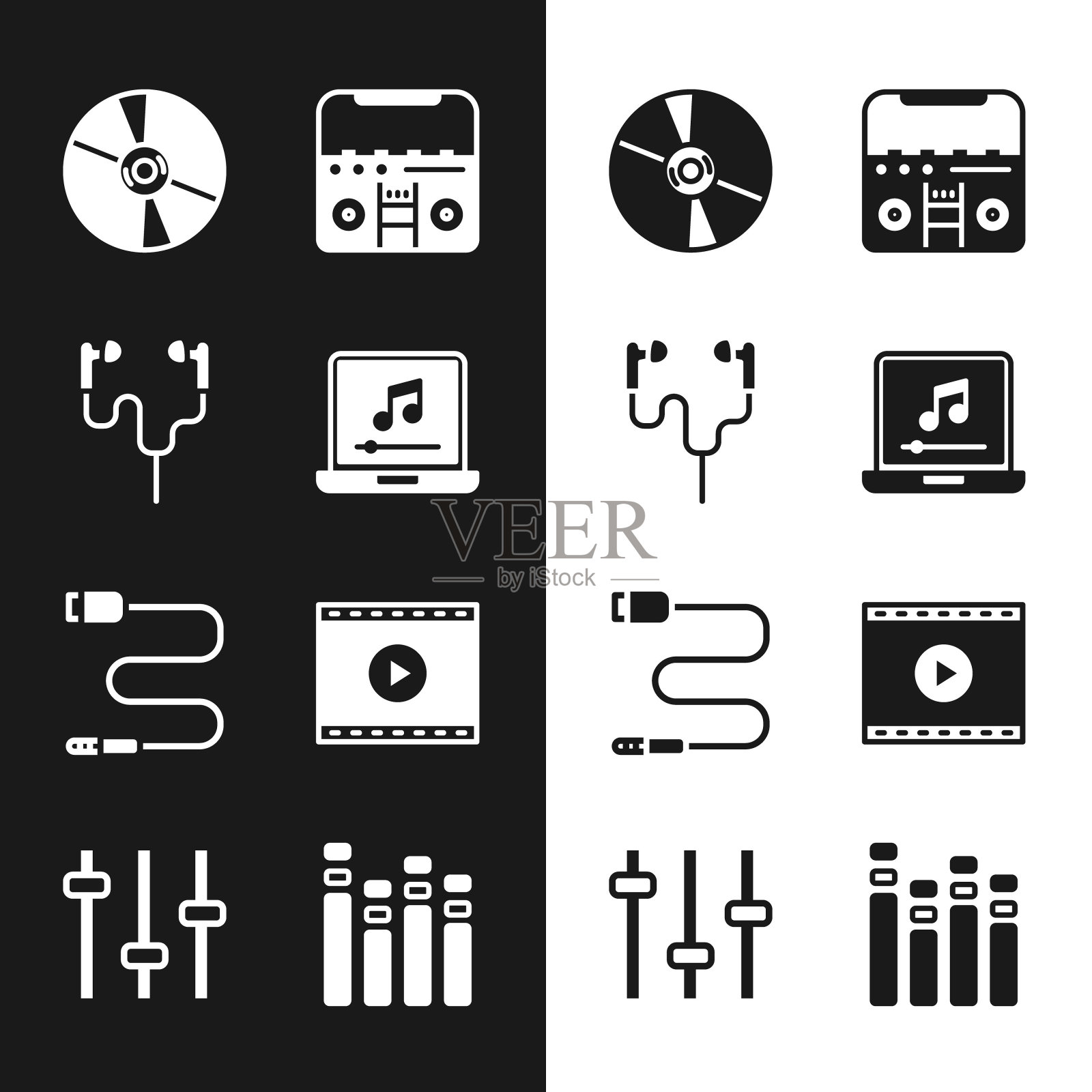 设置笔记本电脑与音乐笔记,空气耳机,CD或DVD磁盘,家庭立体声扬声器,音频插孔,在线播放视频,音乐均衡器和图标。向量图标素材