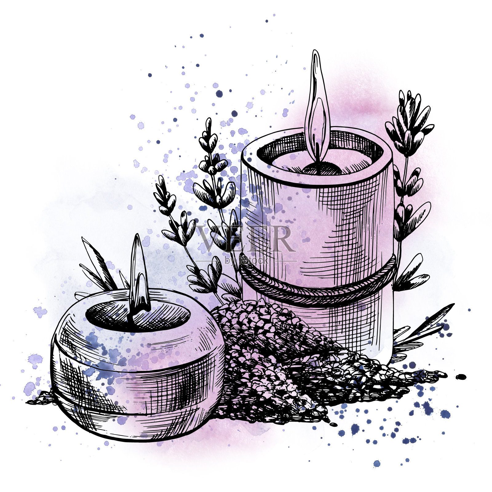 海盐和薰衣草蜡烛。手绘插图,图形与水彩污渍和飞溅。白色背景上孤立的构图。插画图片素材