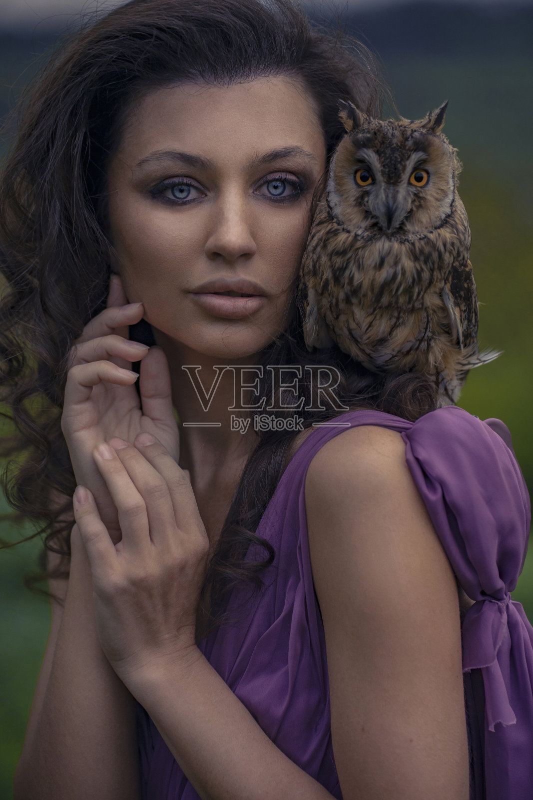 美丽的女人与猫头鹰在紫色的礼服在大自然照片摄影图片