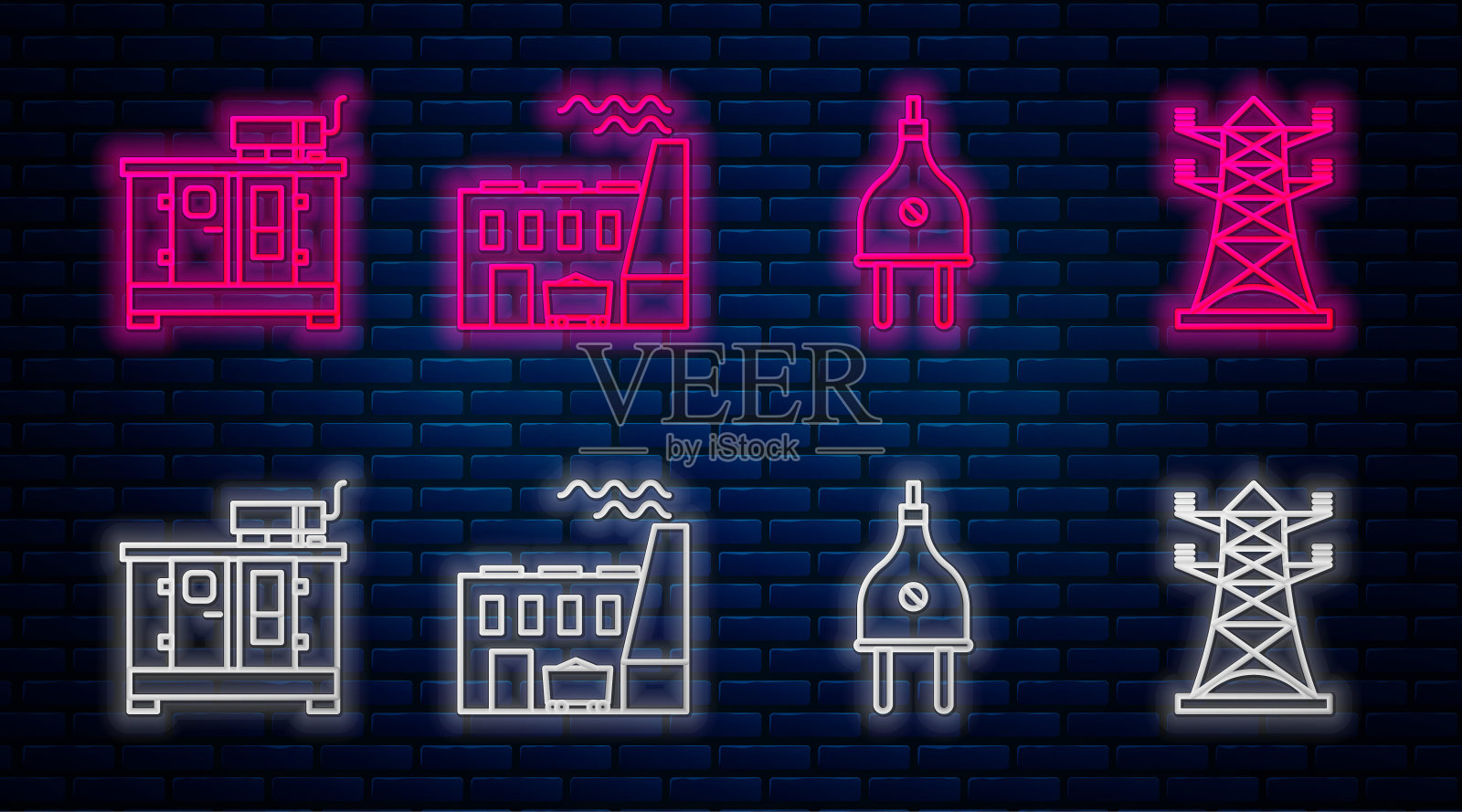 配套火电厂、工厂、插头、柴油发电机组、高压电线杆线路。砖墙上发光的霓虹灯图标。向量插画图片素材