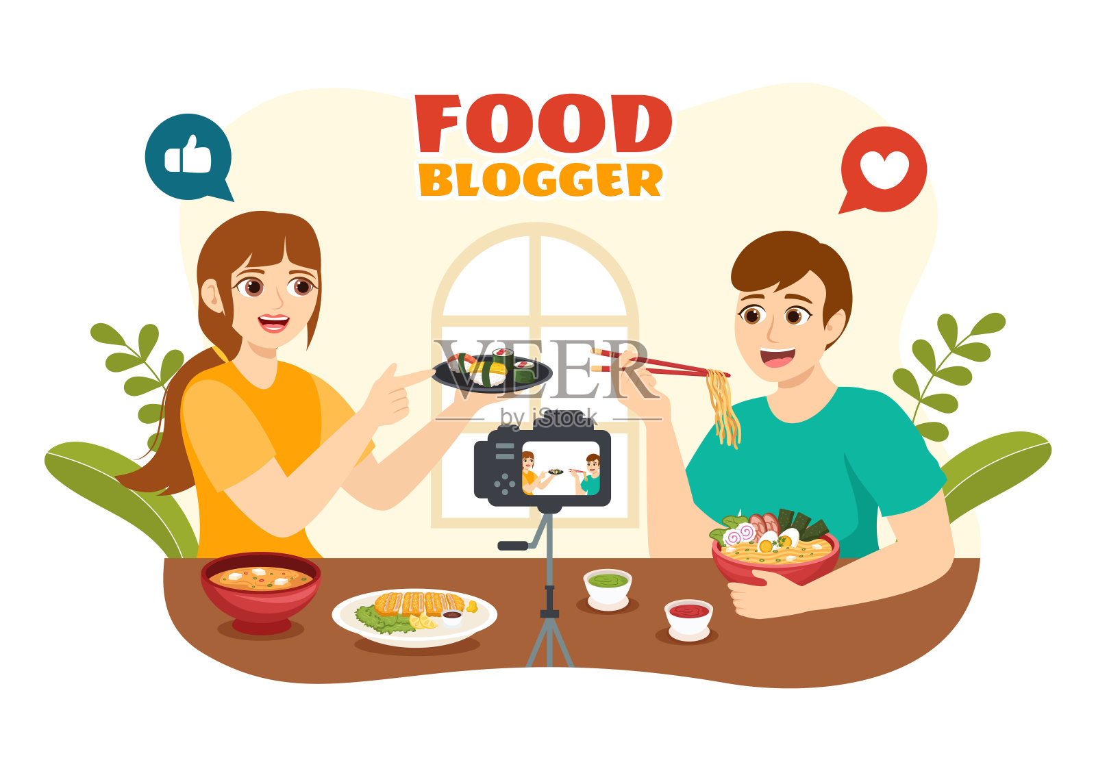 食物博客矢量插图与影响者审查,并在平面卡通手绘登陆页背景模板的博客上分享插画图片素材