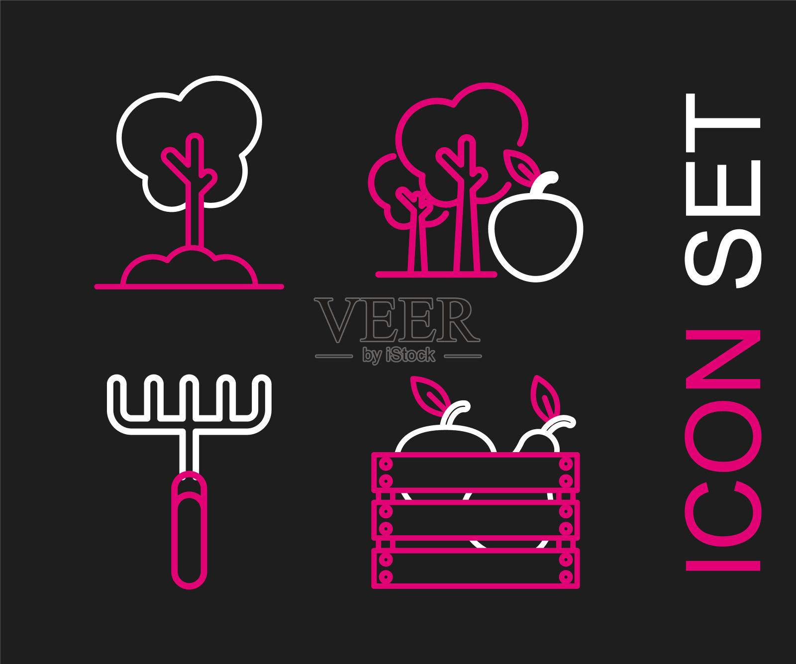 设置线木盒水果和蔬菜,花园耙,树与苹果和在地面图标。向量图标素材