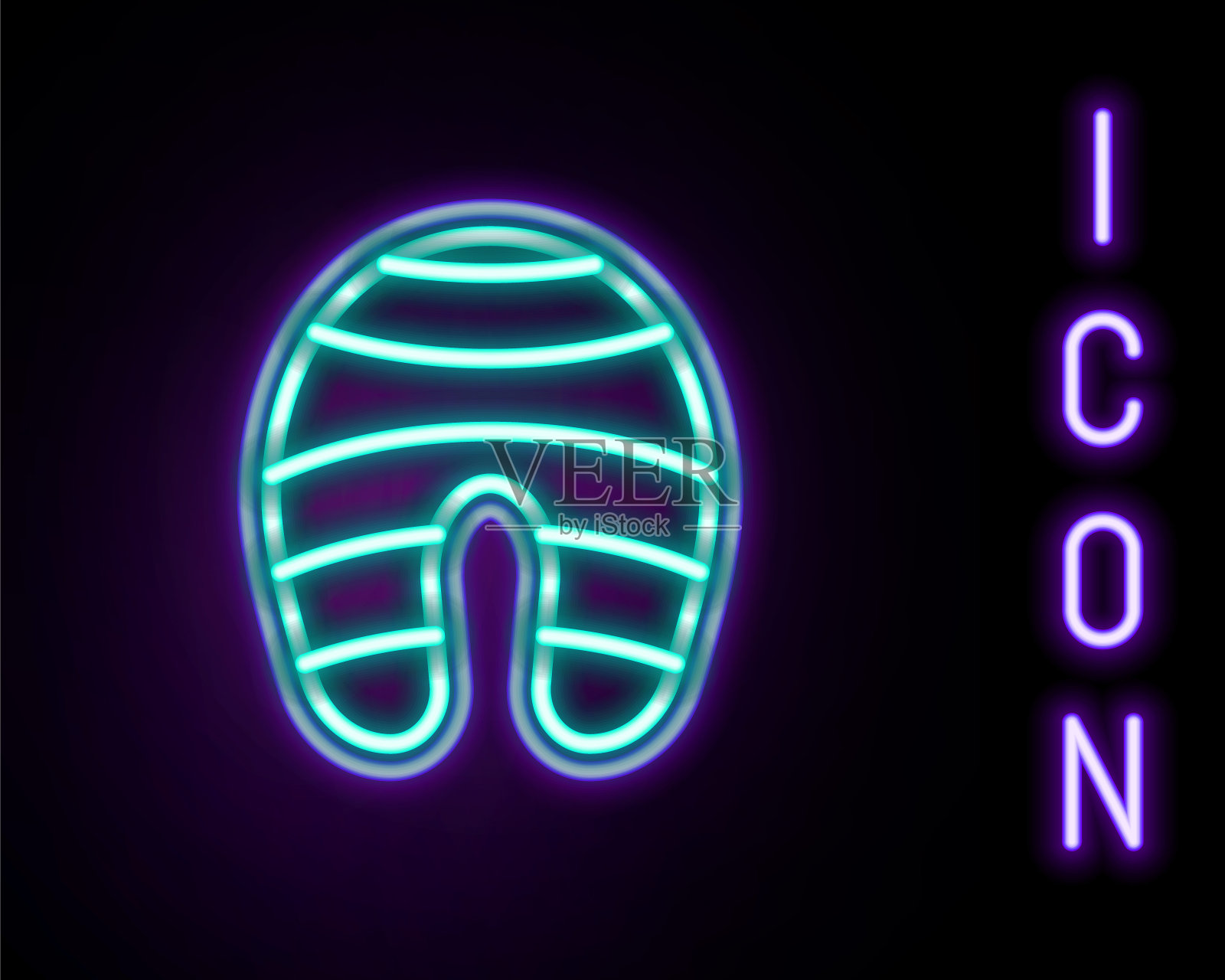 发光的霓虹灯线鱼牛排图标孤立的黑色背景。色彩缤纷的轮廓概念。向量插画图片素材