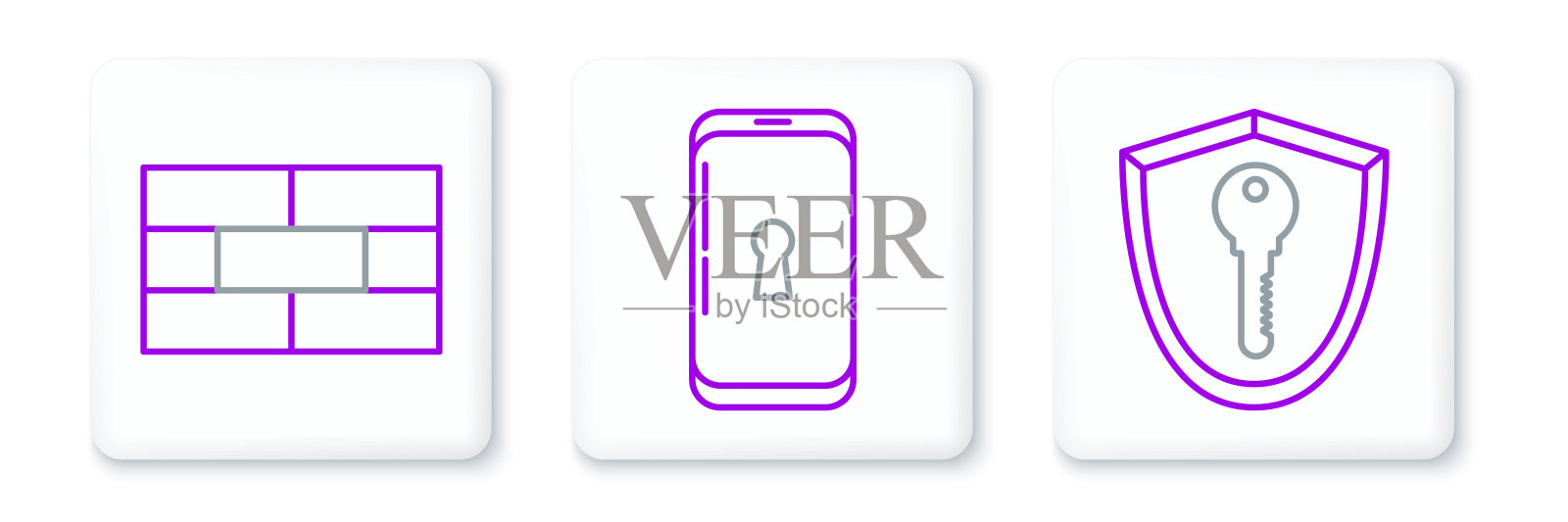 设置线盾与钥匙,砖和智能手机锁定图标。向量图标素材