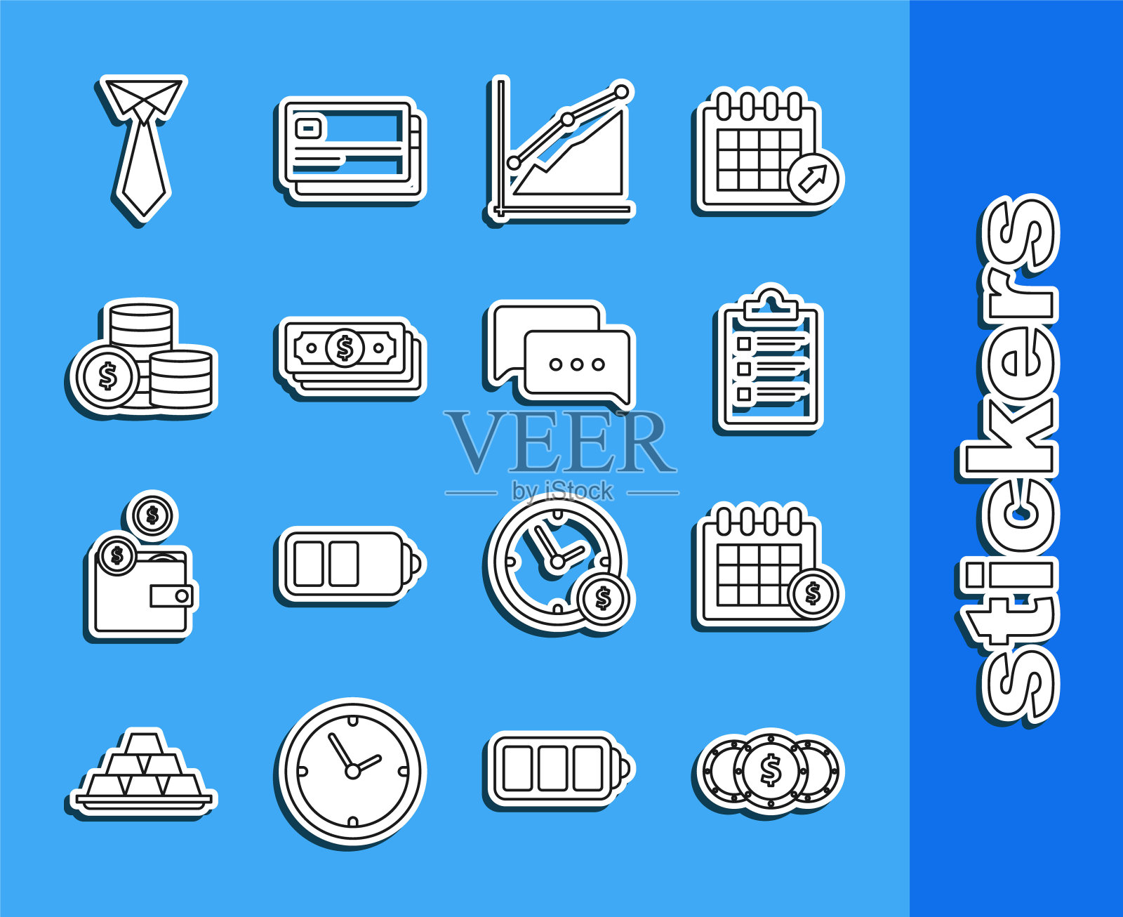 设线硬币钱与美元符号,财务日历,剪贴板检查表,饼状图信息图,堆栈纸现金,领带和语音气泡聊天图标。向量图标素材