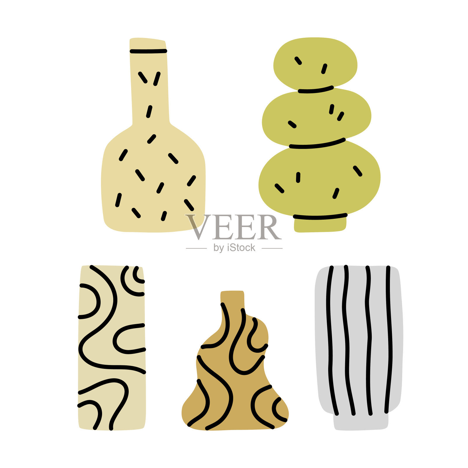 现代手绘陶瓷花瓶套装。不同的形状。简单的矢量插图。插画图片素材