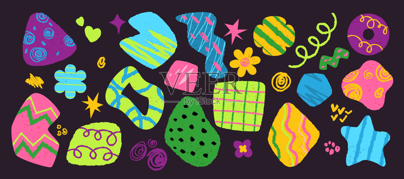 一组未来感十足的几何彩色造型,以花、星、点的形式,抽象明亮的设计元素,创意新潮的背景。矢量隔离图插画图片素材