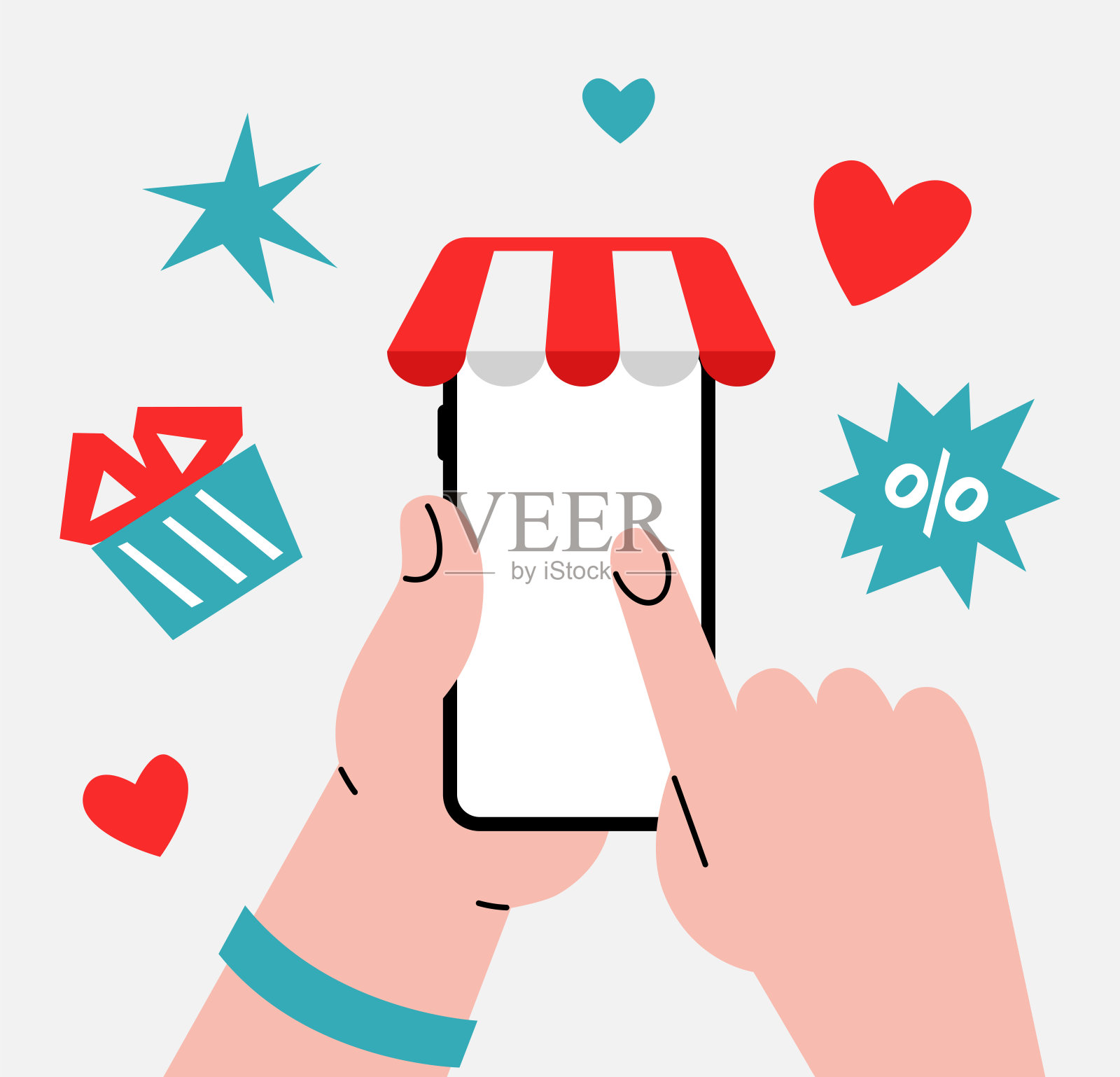 手持智能手机在线购买,促销折扣插画图片素材