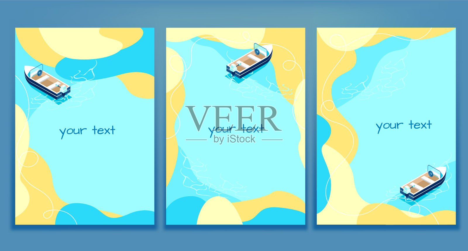 船在沙滩上等距设置插画图片素材