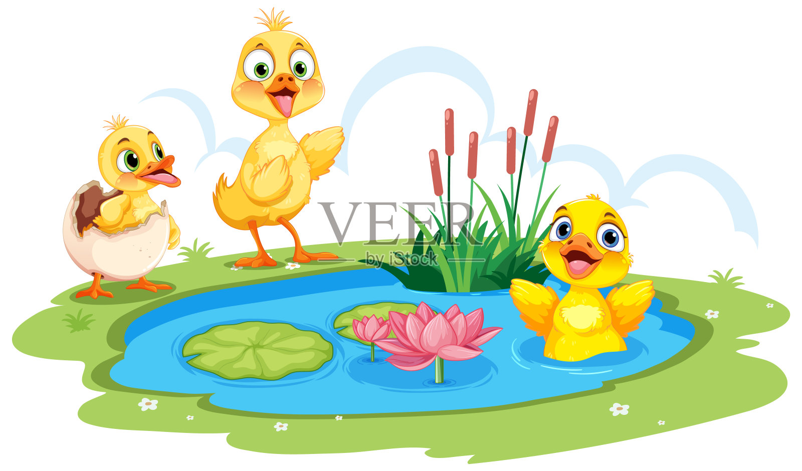 池塘里可爱的鸭子插画图片素材