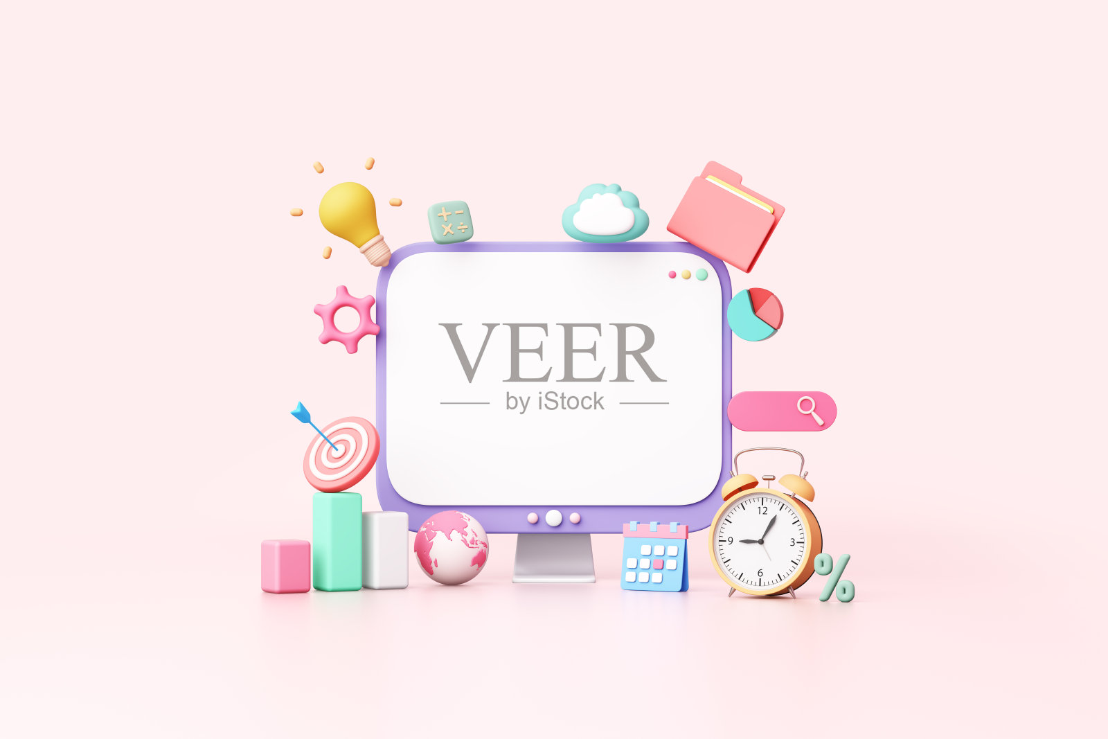 3D空白电脑屏幕模型与迷你文件夹,日历,搜索菜单栏,地球仪,条形图符号在粉红色的背景。在线家庭和办公室工作。对象剪切路径。3 d演示。照片摄影图片