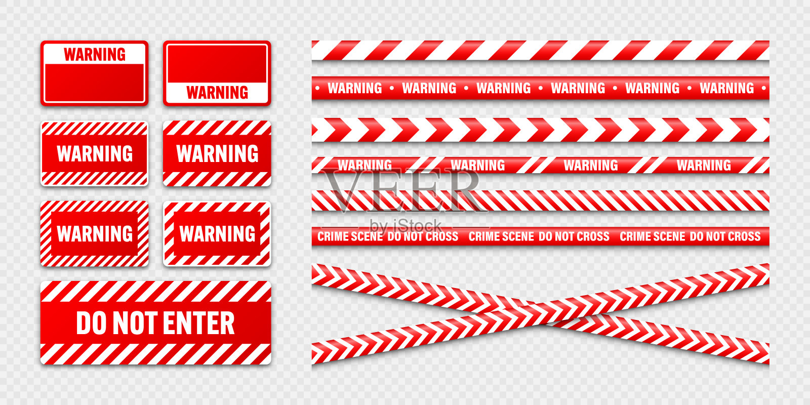 各种路障施工胶带和警告盾牌。红色警戒线,鲜艳的危险或危险条纹,彩带。禁区,区域。注意符号。矢量图插画图片素材
