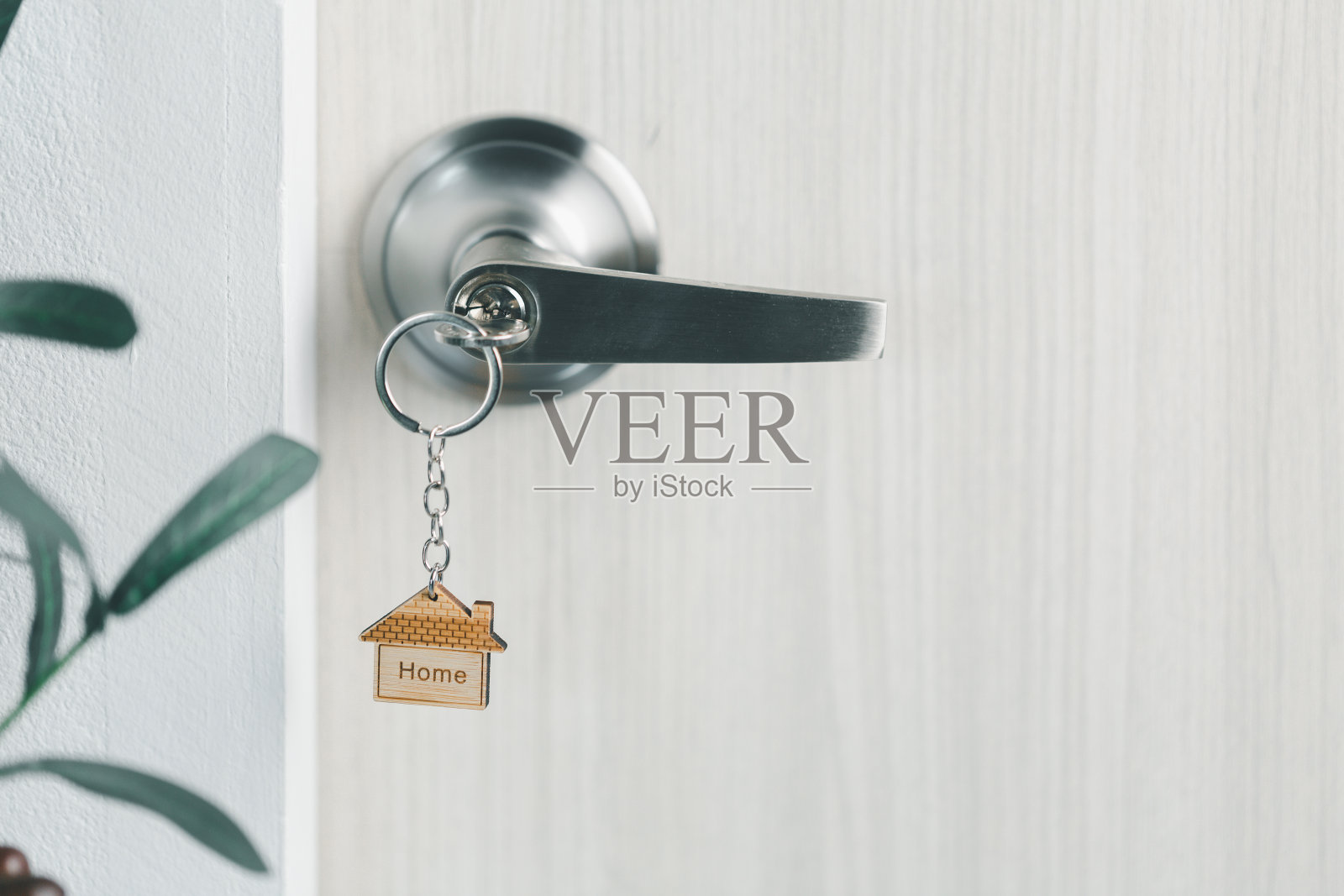 晨光中门上的钥匙特写,个人贷款概念。房屋模型和钥匙在门上。房地产经纪人提供房屋、财产保险和安全保障,经济适用房概念。照片摄影图片