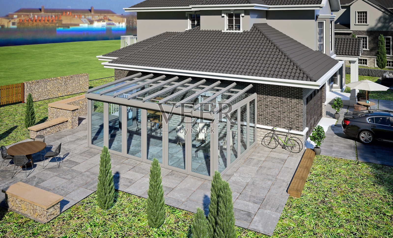 豪华的美国房子和冬季花园,露台露台照片摄影图片