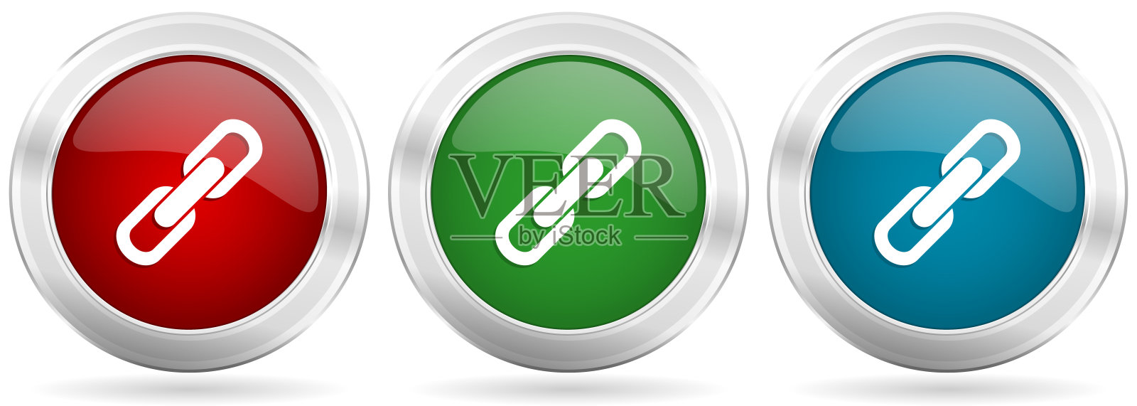 链接矢量图标集。红色,蓝色和绿色银色金属按钮与铬边框插画图片素材