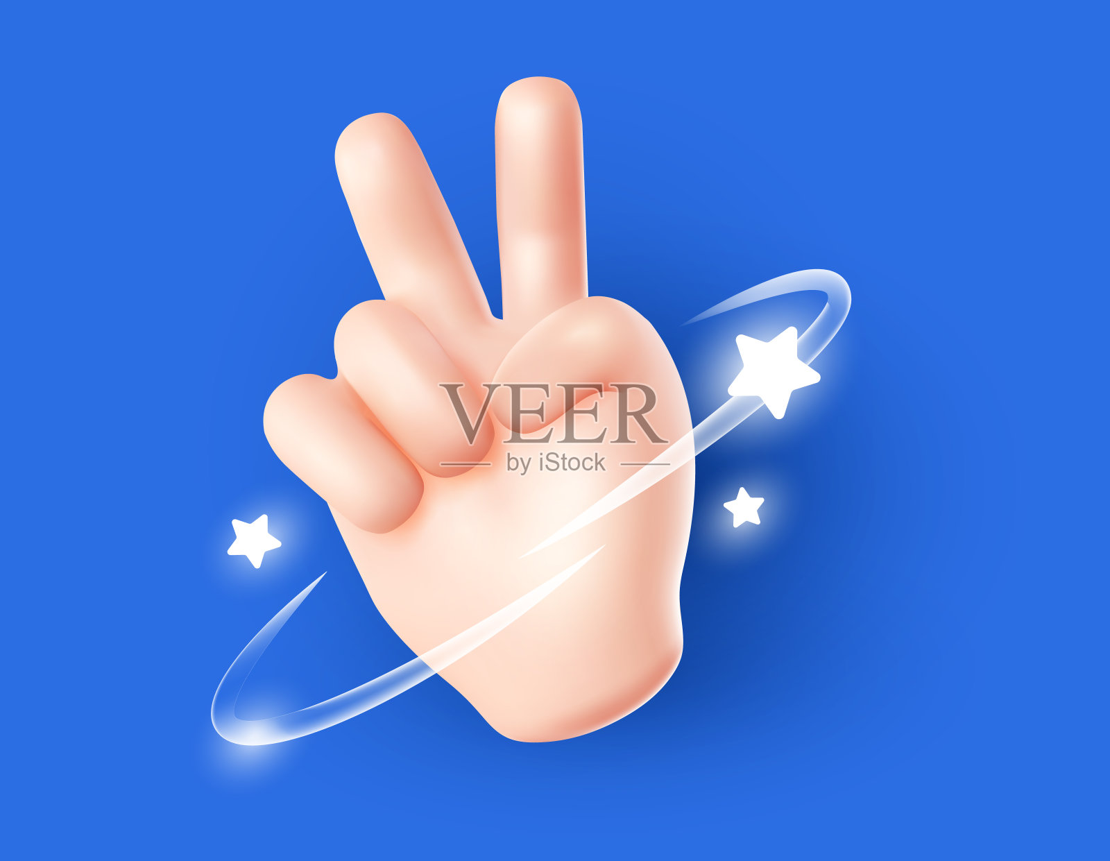 矢量插图的手势符号v与星和环在蓝色的背景。3d风格的表情符号设计的男人白皮肤的手插画图片素材