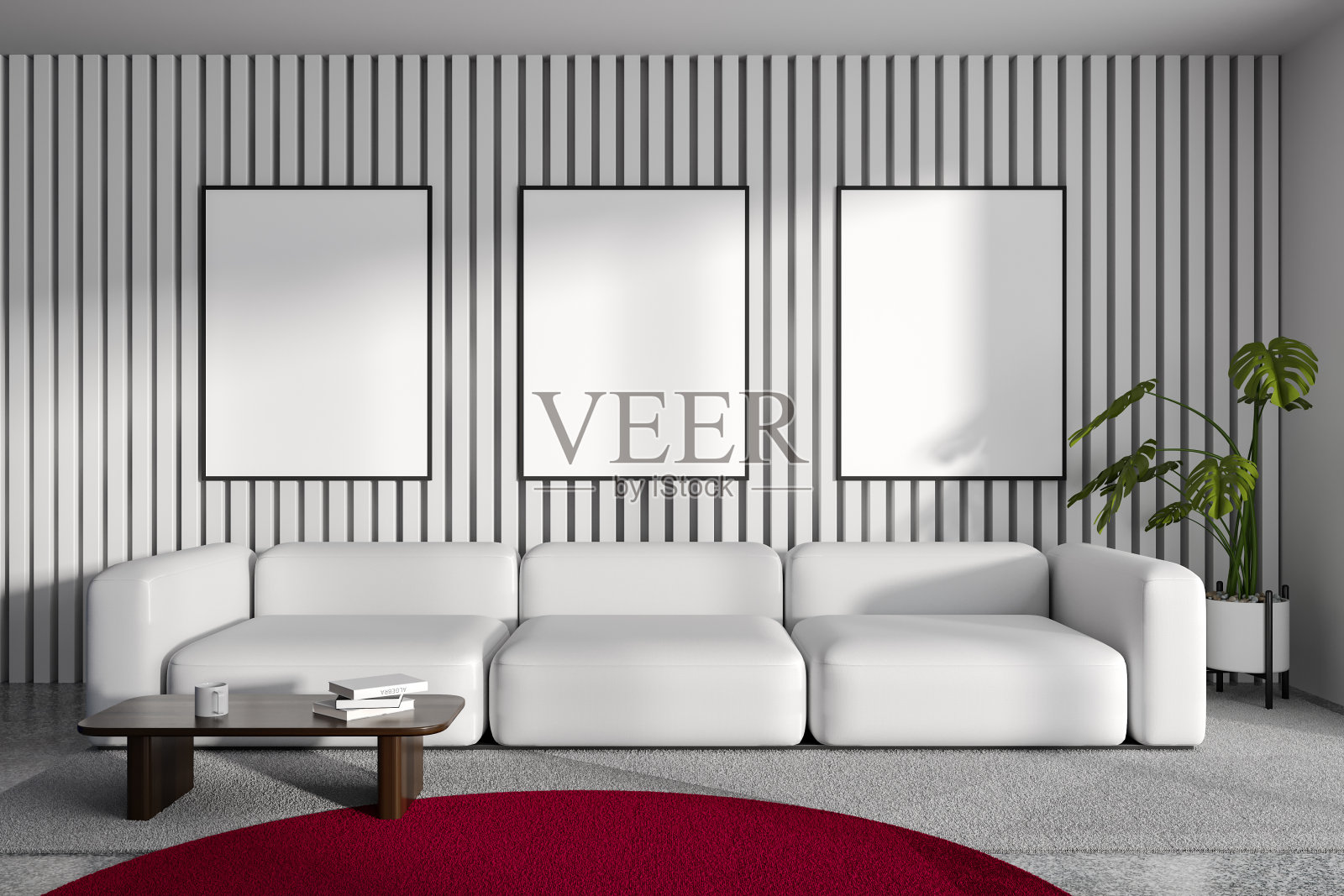 白色的客厅,沙发和海报照片摄影图片