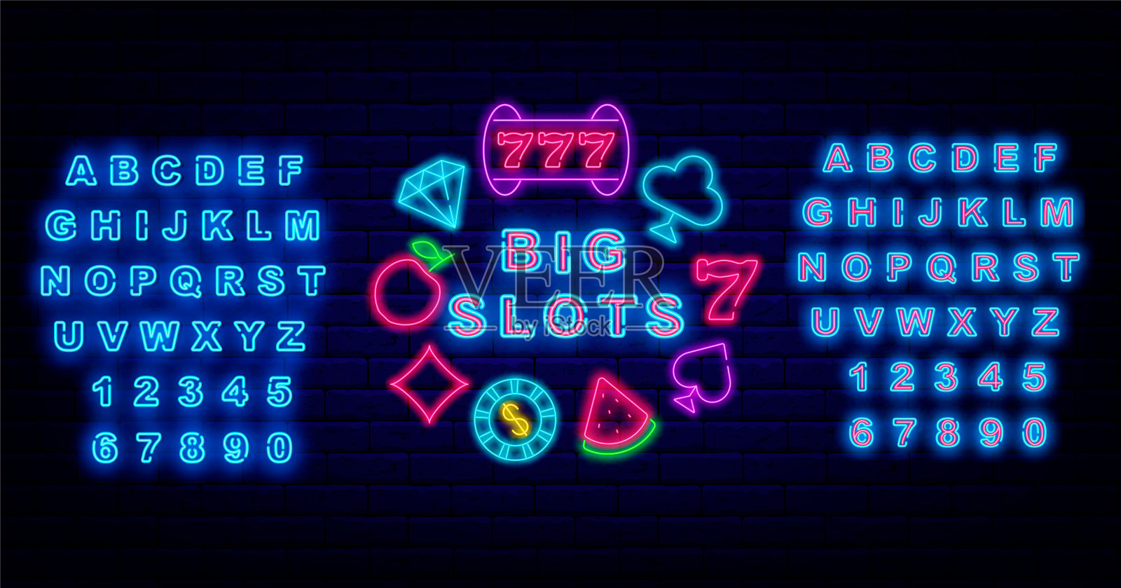 大槽霓虹灯招牌。闪亮的蓝色的字母。带有图标的圆形布局。赌场的概念。向量股票插图插画图片素材