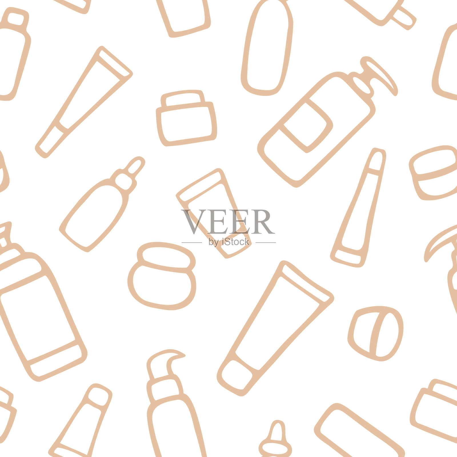 矢量无缝图案与化妆,美容元素。手绘,涂鸦风格。设计用于织物、包装纸、墙纸、包装。插画图片素材