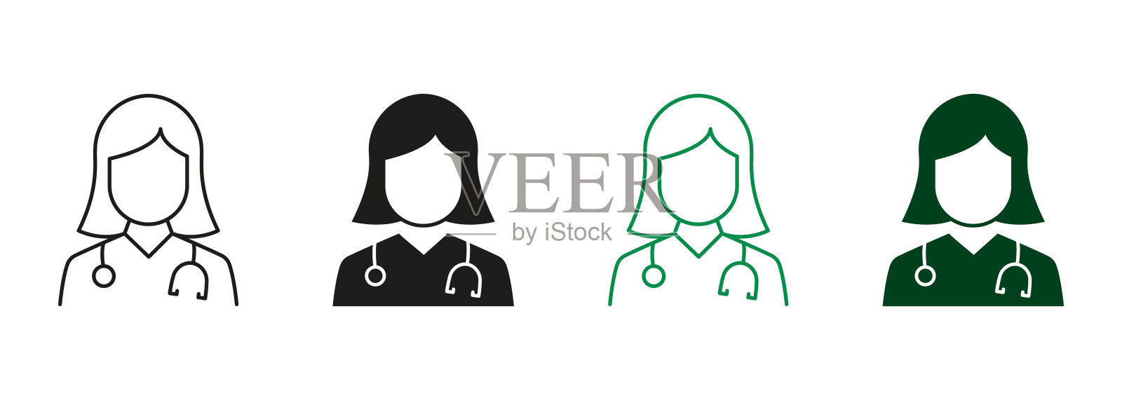 护士和医生黑色和颜色符号集合。专业医生与听诊器线和轮廓图标集。医疗助理医师专科象形文字孤立矢量图插画图片素材