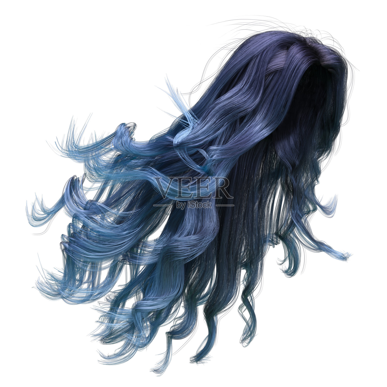 蓝色风吹长波浪头发孤立的白色背景,3D插图,3D渲染照片摄影图片