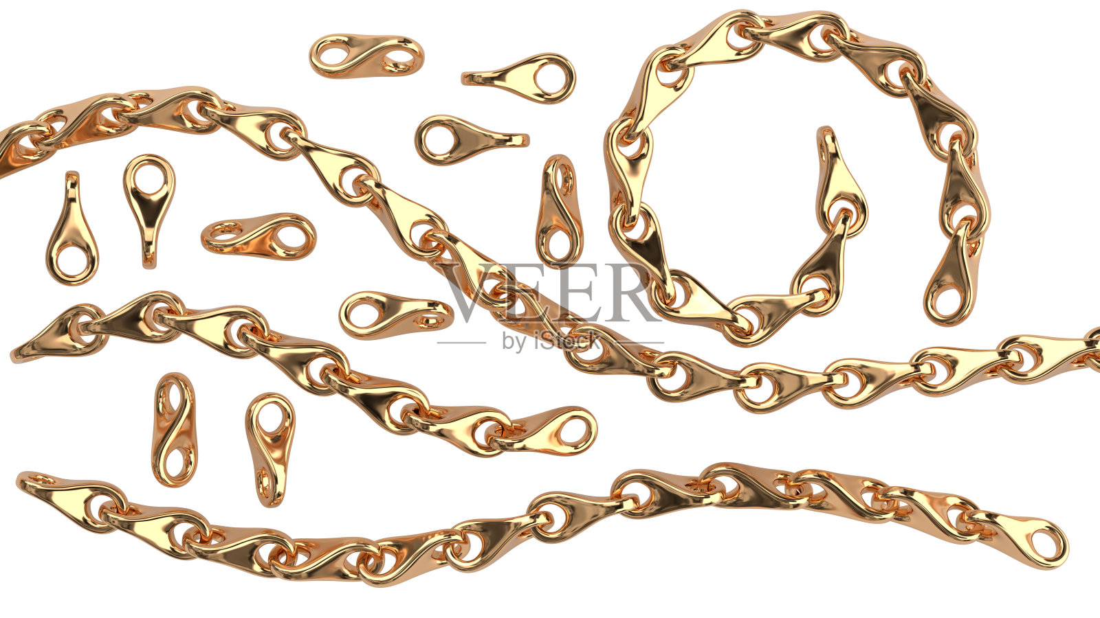 孤立的金链集。3D渲染图像。照片摄影图片