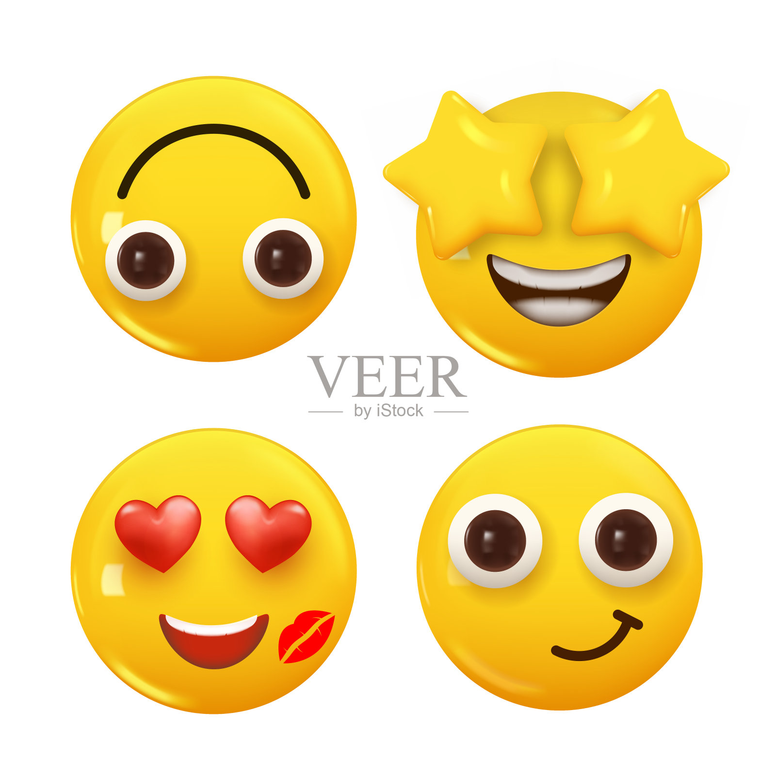 一套3d图标黄色微笑表情符号。设置图标微笑表情。向量插画图片素材