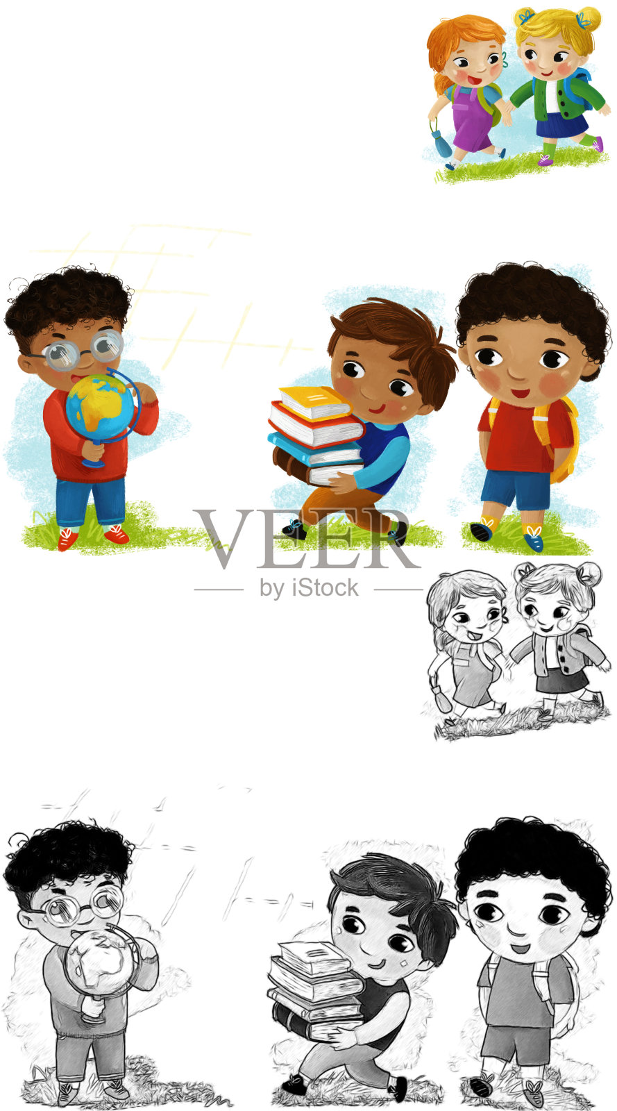 卡通场景与学校的孩子,学生们一起有乐趣的学习在白色背景插图的孩子插画图片素材
