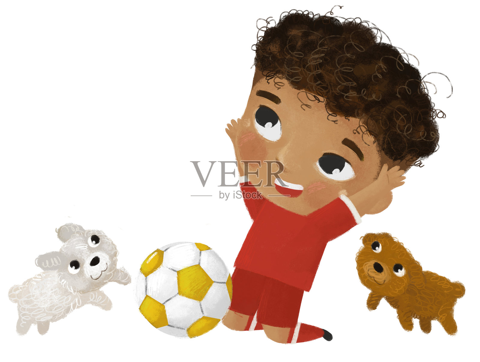 卡通场景与男孩玩跑步运动球足球足球-插图的孩子插画图片素材
