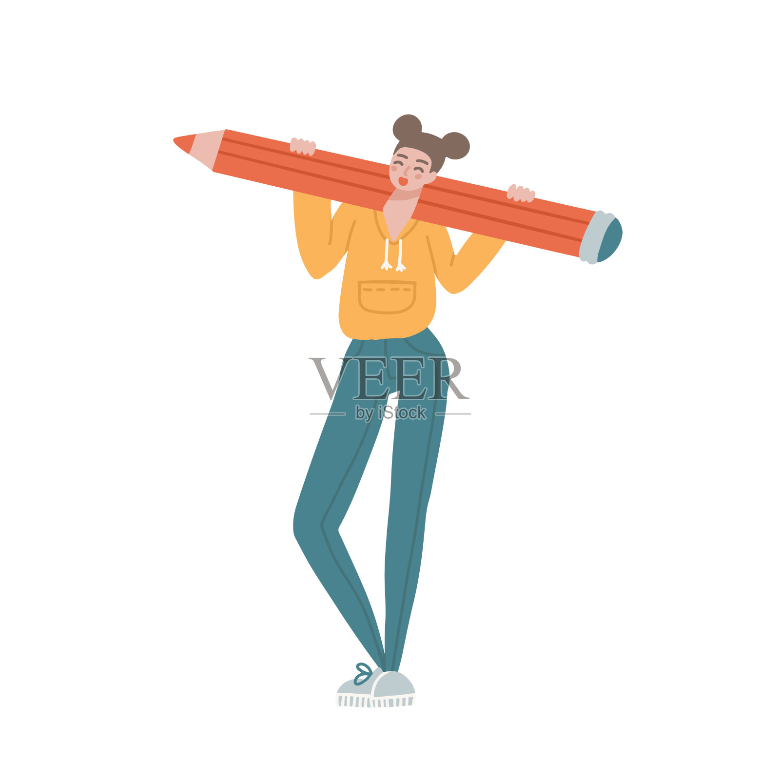 有趣的女学生拿着一支大铅笔。矢量平面手绘插图的一个站在休闲服装微笑的女孩。平面手绘矢量插图插画图片素材