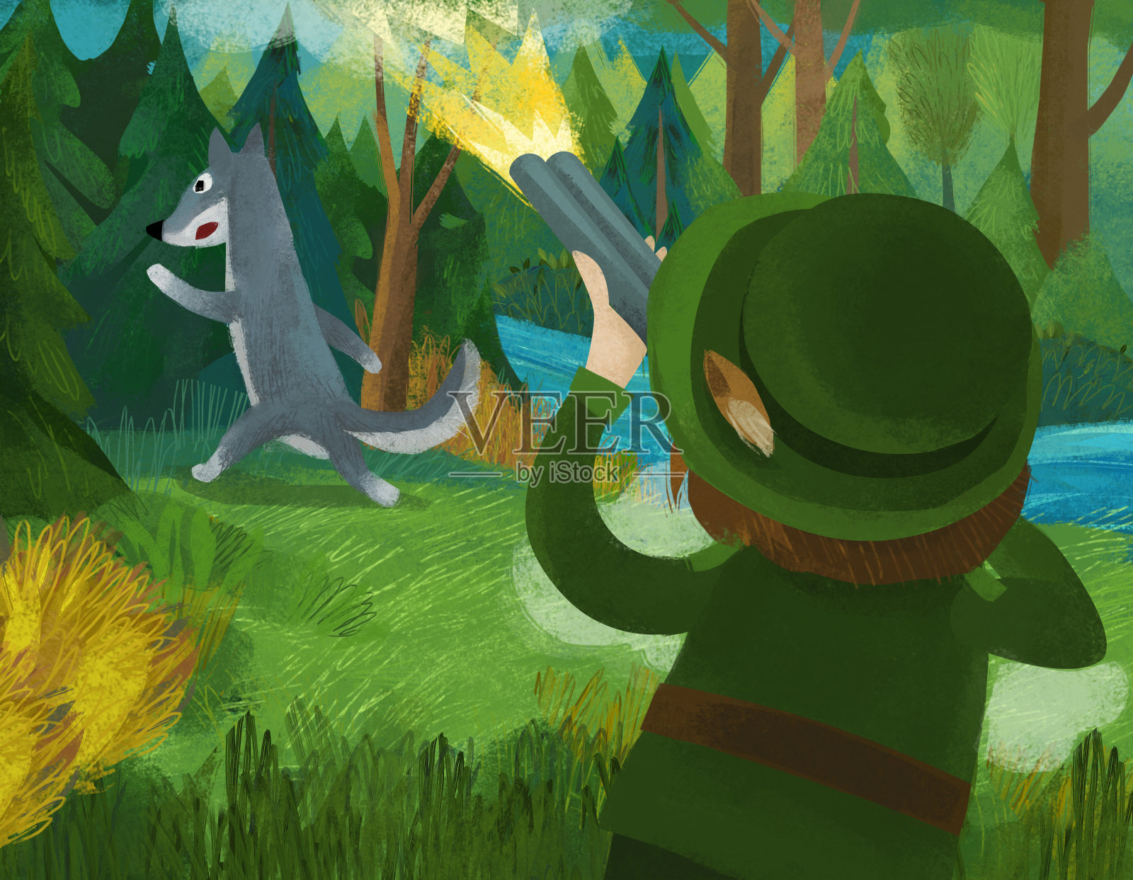 卡通场景与猎人,护林员狩猎狼在森林插图的孩子插画图片素材