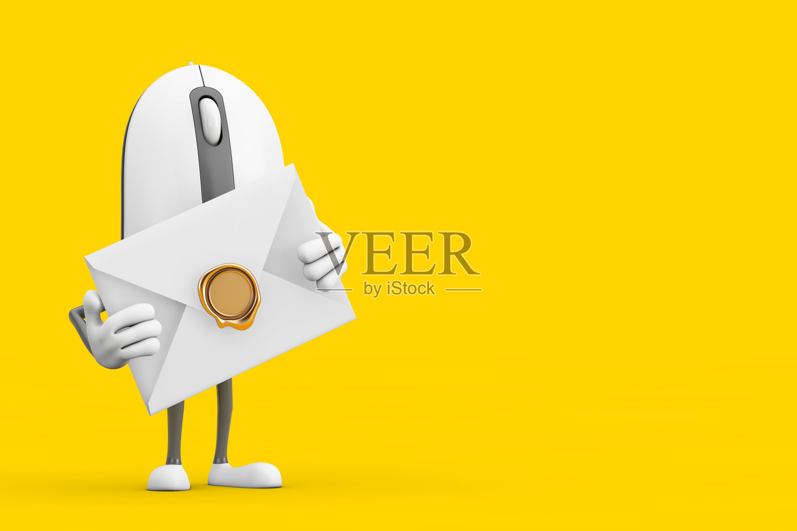 电脑鼠标卡通人物吉祥物与白色空白信封。3d渲染照片摄影图片