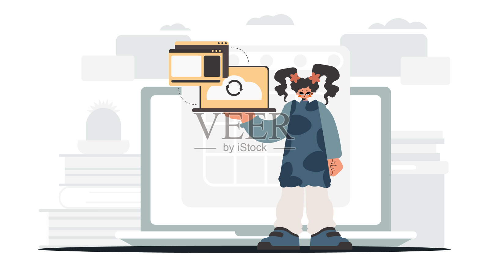 这位年轻的女士拿着一个与信息容量同步的平板电脑。时尚的风格,矢量插图插画图片素材