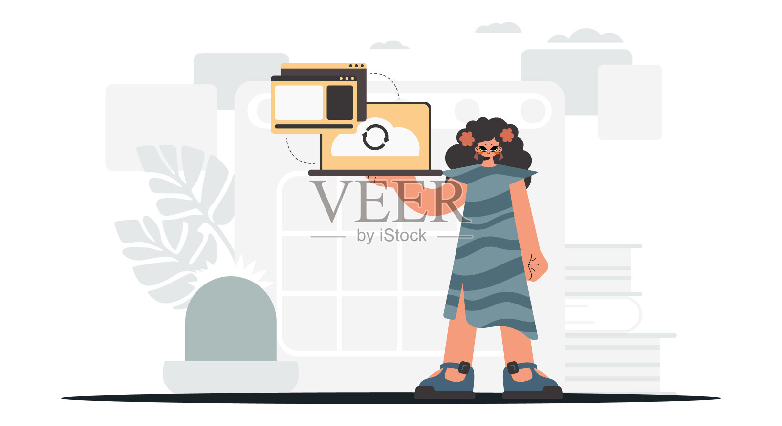 这位年轻的女士拿着一个与信息容量同步的平板电脑。时尚的风格,矢量插图插画图片素材