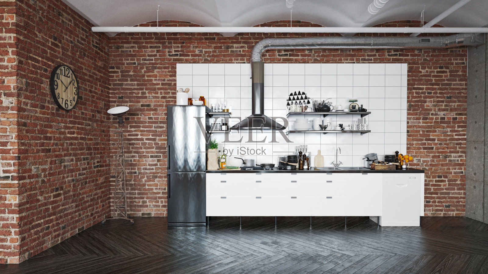 公寓内部带厨房。照片摄影图片