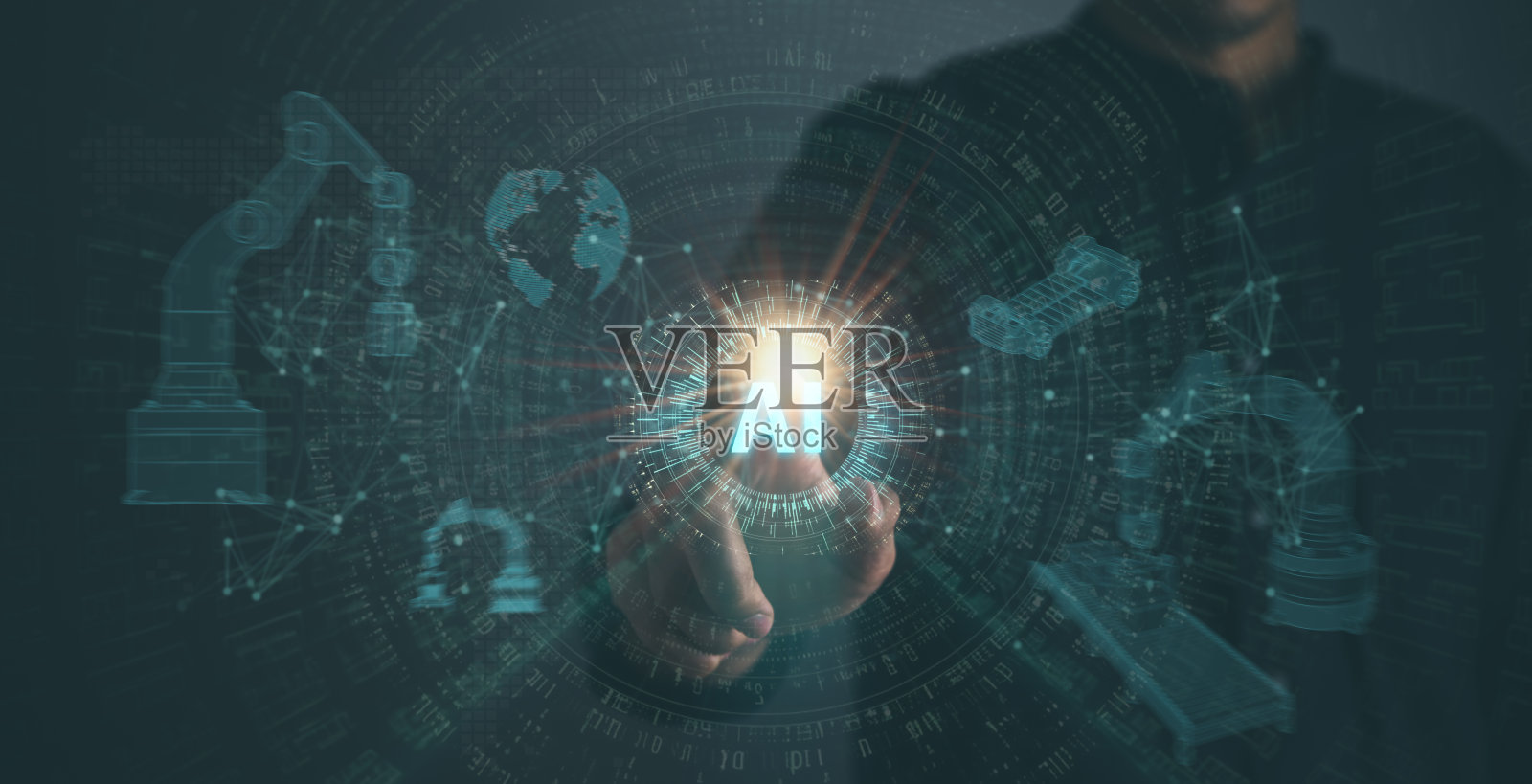 数字信息技术概念。商人触摸AI人工智能屏幕。照片摄影图片