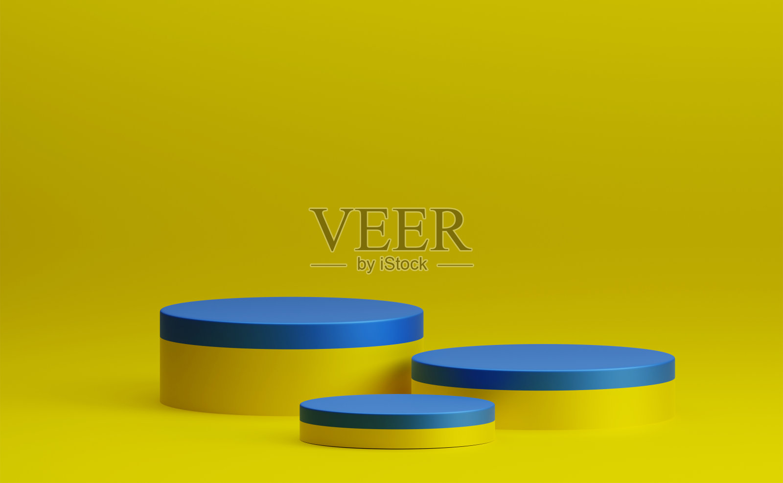黄色三联圆柱产品展示台的3D渲染极简蓝色表面背景照片摄影图片